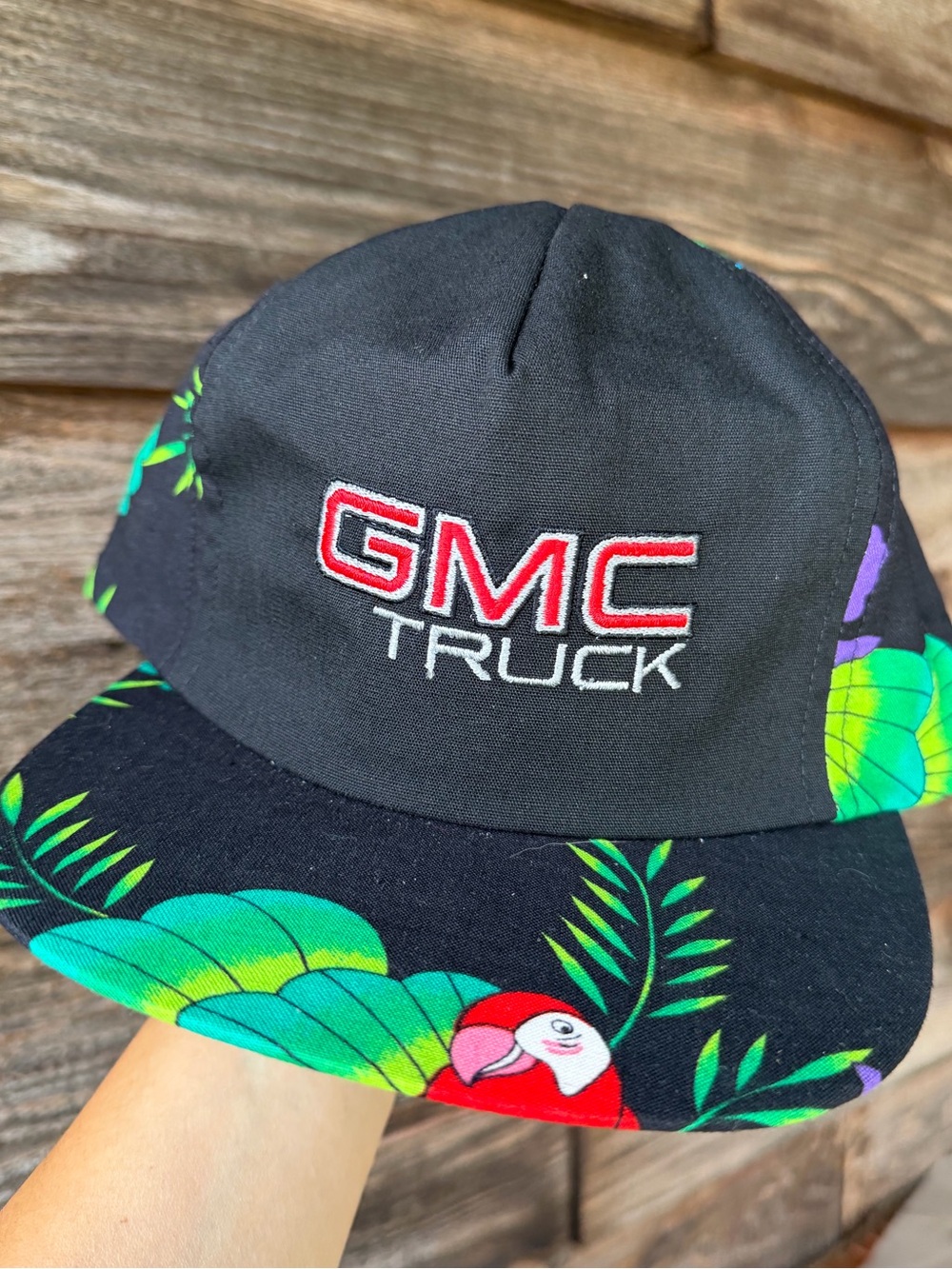 Vintage 80s GMC Truck Tropical Parrot Leather Strapback Hat Made in USA